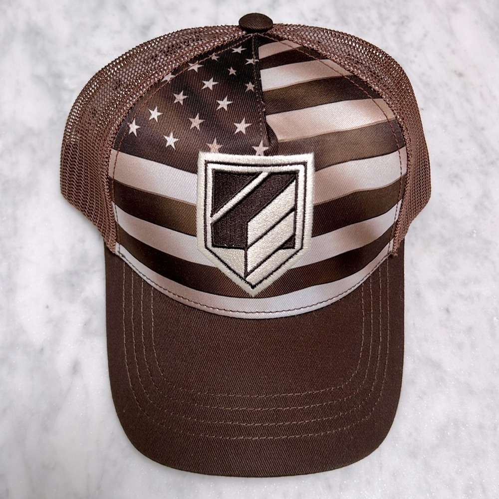 RANK 45 • Men’s Brown Flag Logo Baseball Cap Trucker Hat - Picture 4 of 4